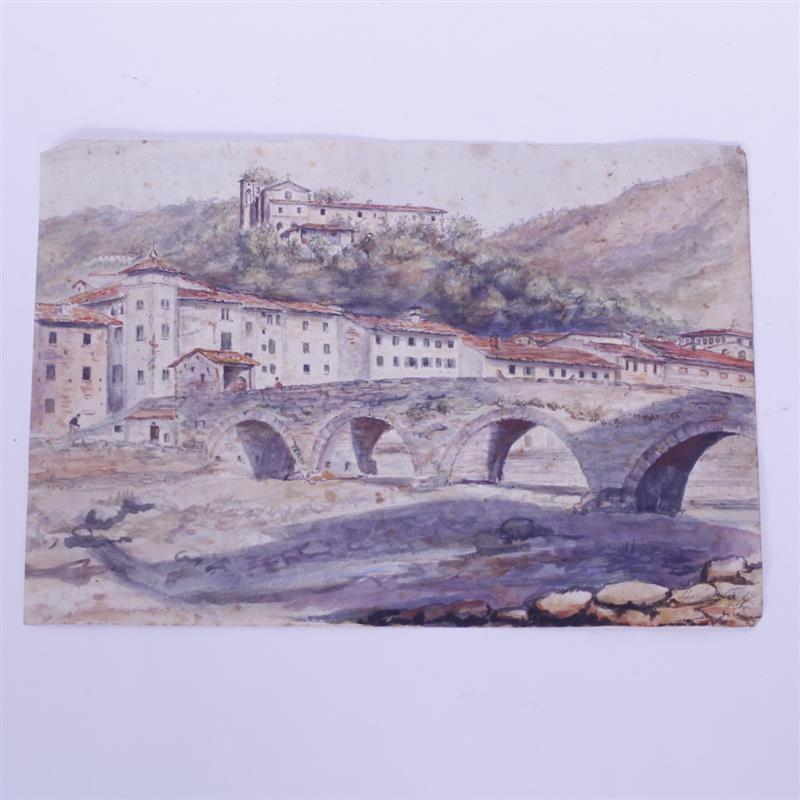 Appraisal: Italian School th Century watercolor landscape with bridge and city