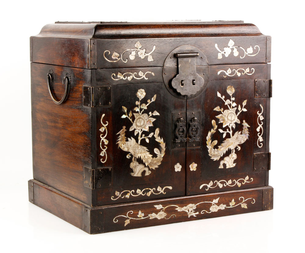 Appraisal: - Chinese Hardwood Chest Chinese chest hardwood mounted with mother-of-pearl