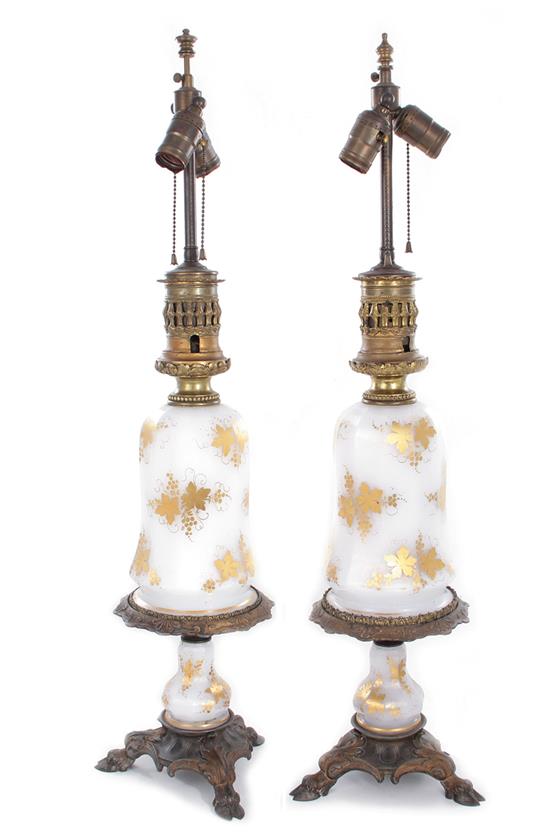 Appraisal: Pair French gilt-opaline glass oil lamps th century gilt-metal mounts