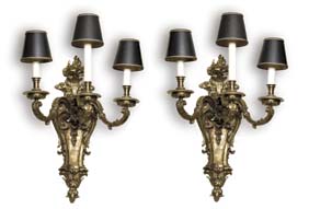 Appraisal: PAIR ANTIQUE FRENCH WALL SCONCES Pair antique French spelter three-branch