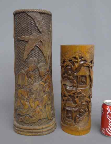 Appraisal: Pair Asian wooden carved brush pots '' and '' Ht