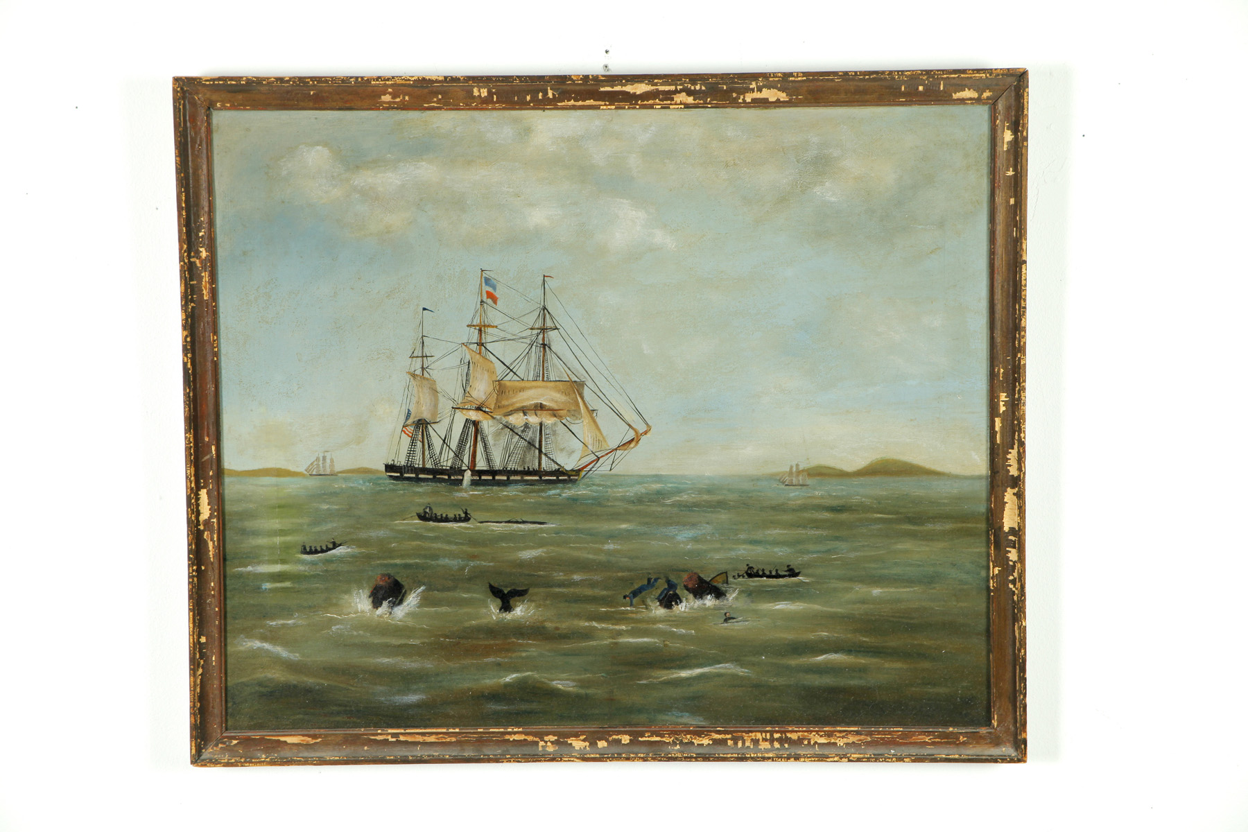 Appraisal: SEASCAPE WITH A WHALE HUNT AMERICAN LATE TH CENTURY Oil