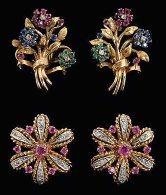 Appraisal: Two pairs floral earrings one pair set with six single-cut