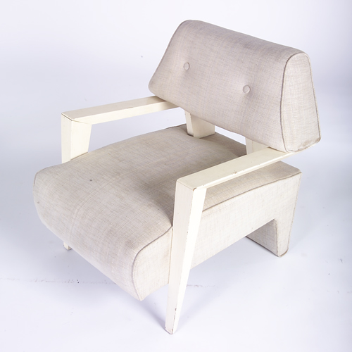 Appraisal: s California armchair with angled white-painted wood frame upholstered in