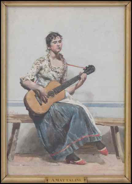 Appraisal: A MATTOLINI TH TH CENTURY WOMAN WITH GUITAR Watercolor on