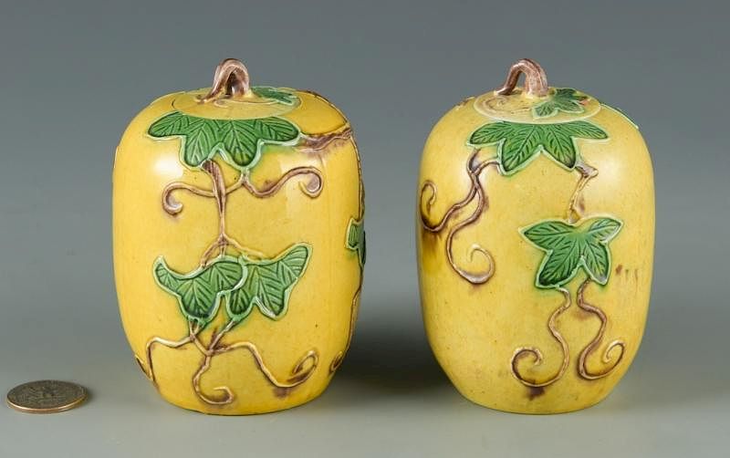 Appraisal: Pair Sancai Glazed Miniature Jars Pair of Chinese miniature ceramic