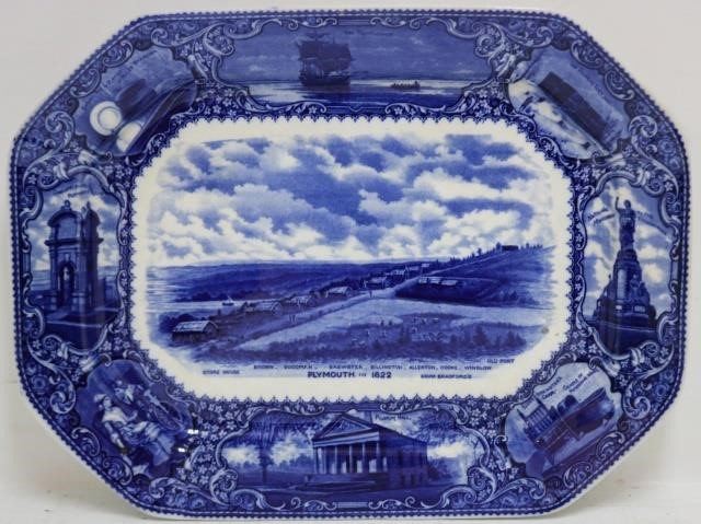 Appraisal: EARLY TH CENTURY IRONSTONE PLATTER DEEP BLUETRANSFERWARE DEPICTS PLYMOUTH IN