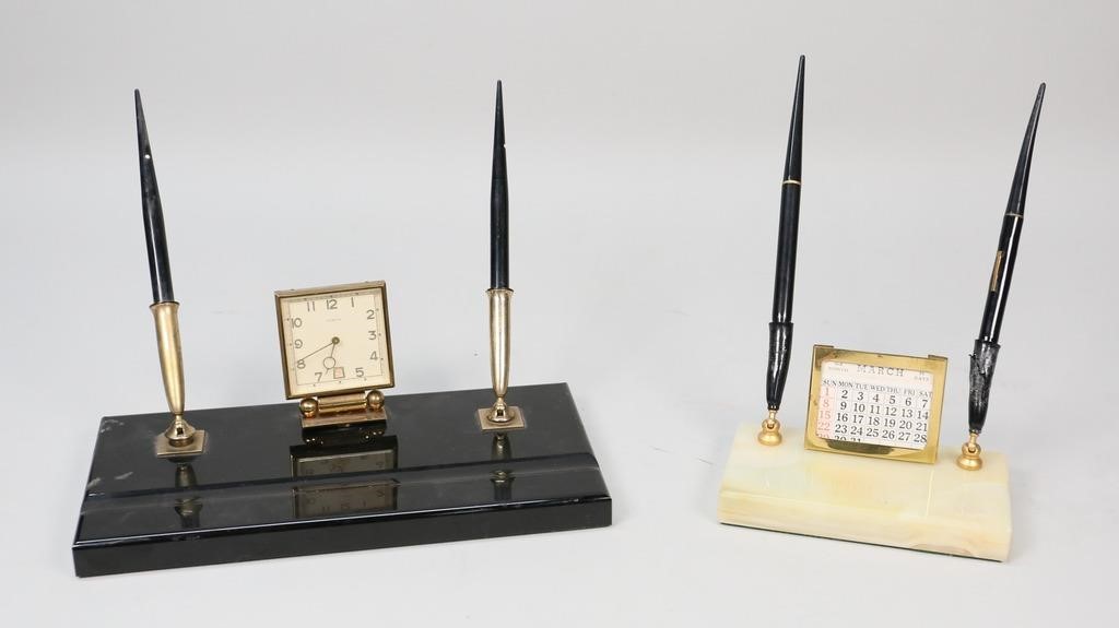 Appraisal: DESKTOP PEN STANDS Desktop pen stands stand with alabaster base