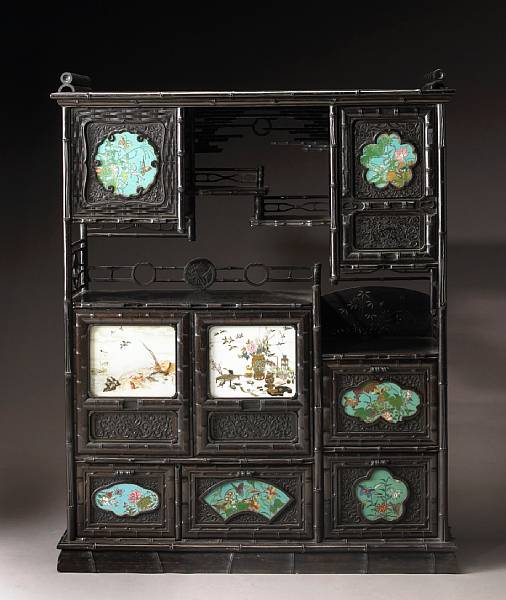 Appraisal: An export carved wood shodana inlaid with cloisonn enamel and