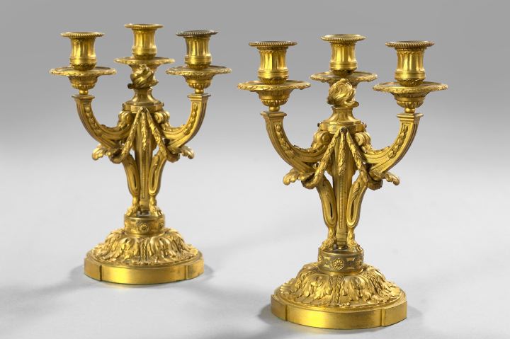 Appraisal: Good Pair of French Matte Gilded Bronze Three-Light Candelabra first