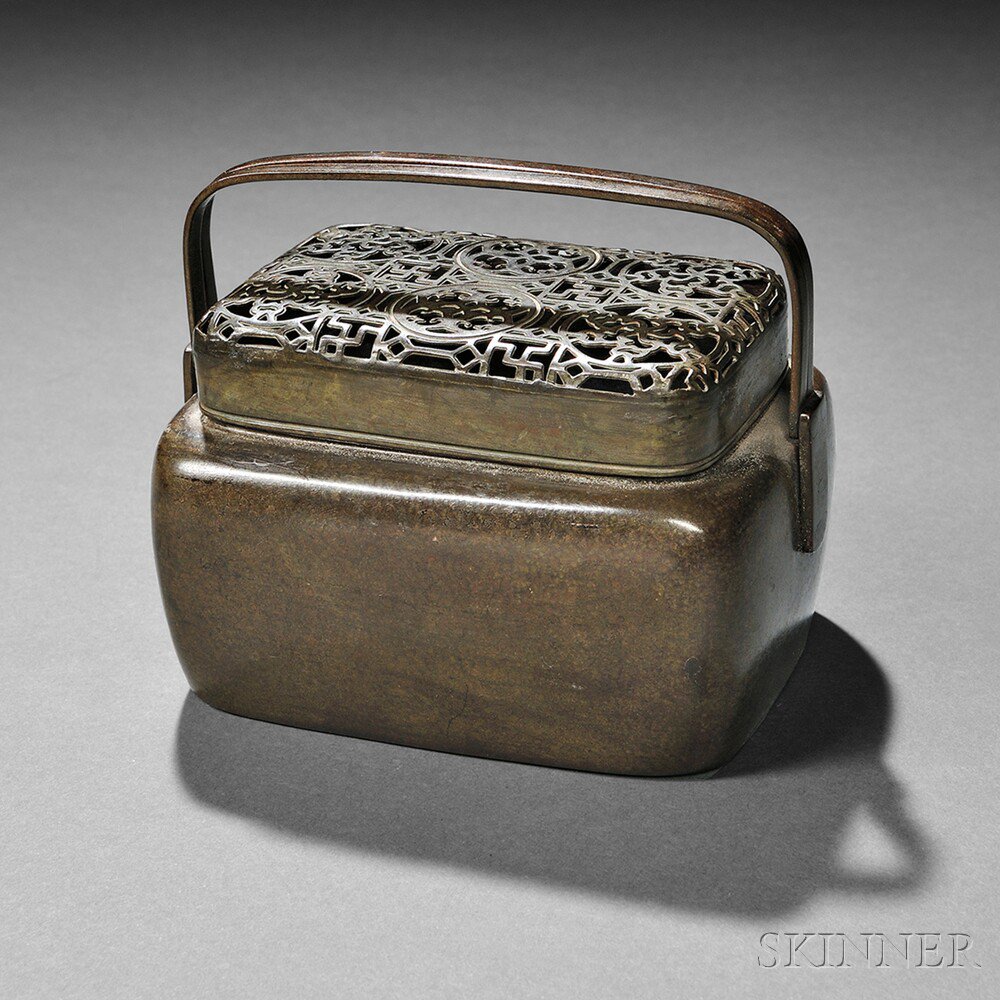 Appraisal: Bronze Rectangular Hand Warmer China with a straight neck and