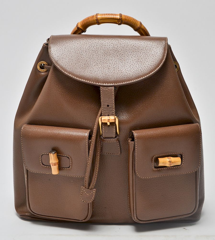 Appraisal: Gucci Brown Leather Bamboo Motif Backpack Gucci brown leather and