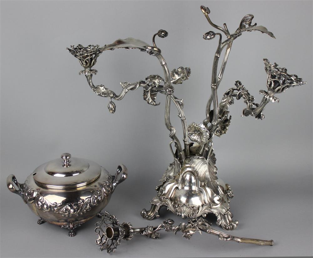 Appraisal: PLATED CANDELABRA AND CIRCULAR TUREEN AND COVER the three light