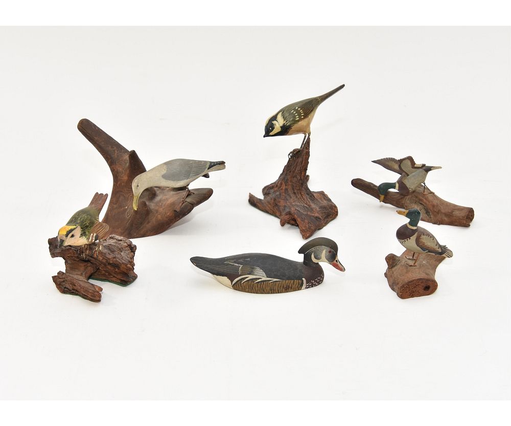 Appraisal: Six Wood Bird Carvings Six wood bird carvings to include