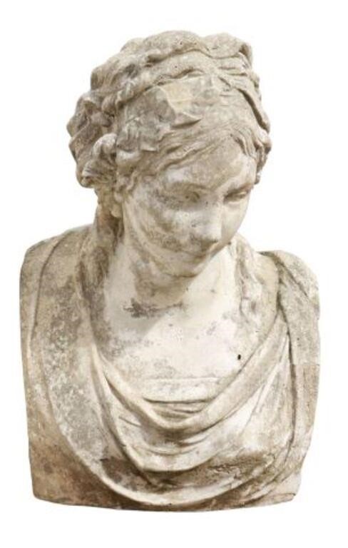 Appraisal: Cast stone garden statuary Female Bust th c wearing headband