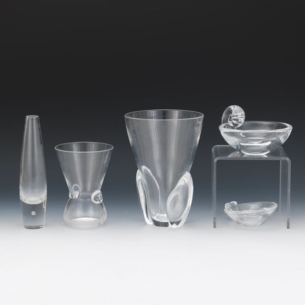 Appraisal: FIVE STEUBEN CRYSTAL TABLE ARTICLES Including a conical form vase