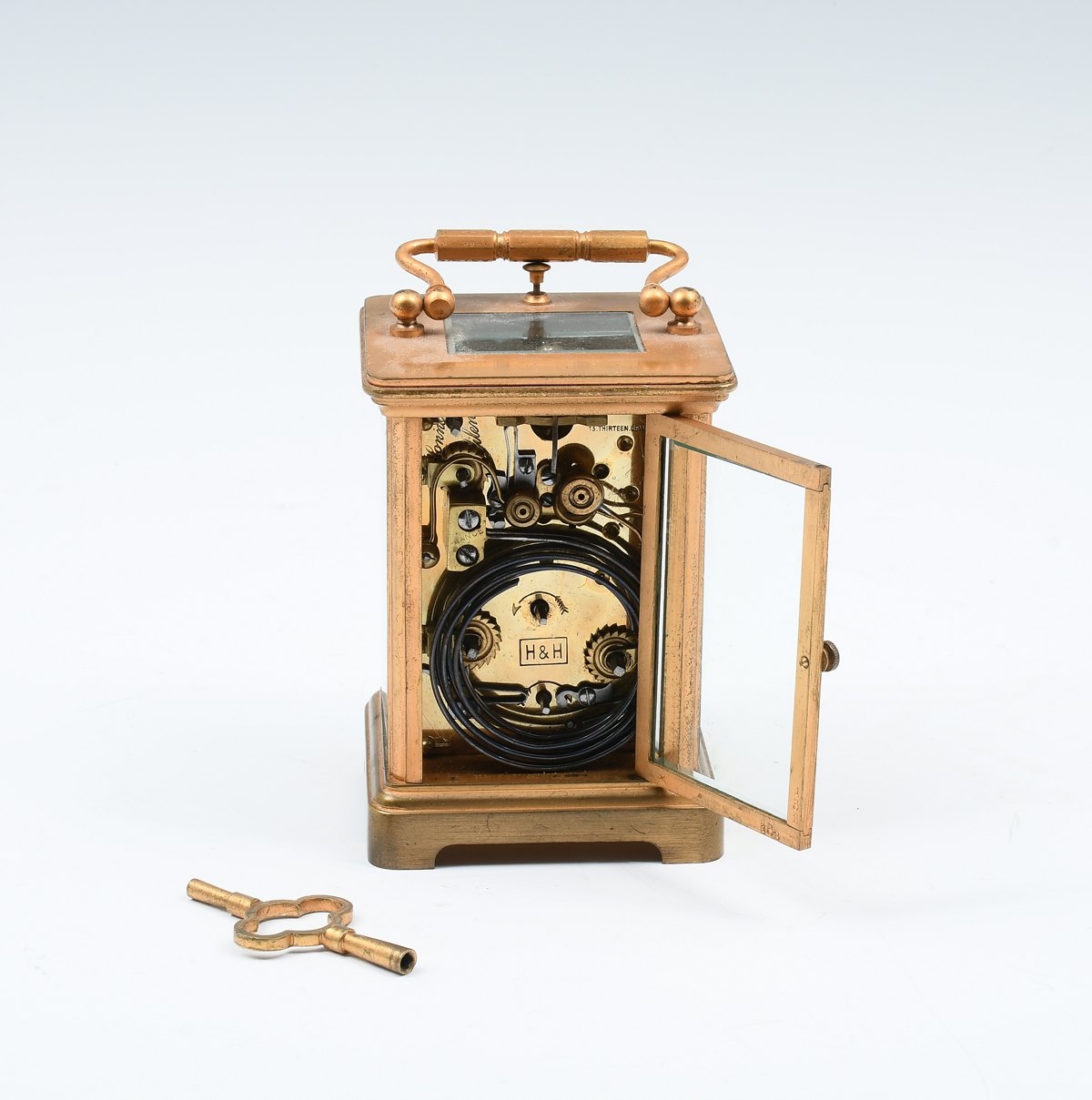 Appraisal: H H FRENCH REPEATER BRASS CARRIAGE CLOCK Brass and beveled