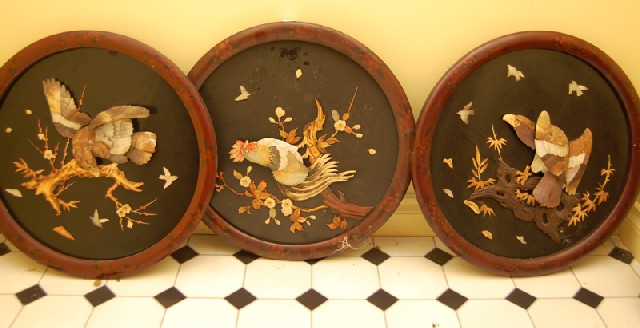 Appraisal: THREE CHINESE BONE AND MOTHER OF PEARL INLAID WALL PLAQUES