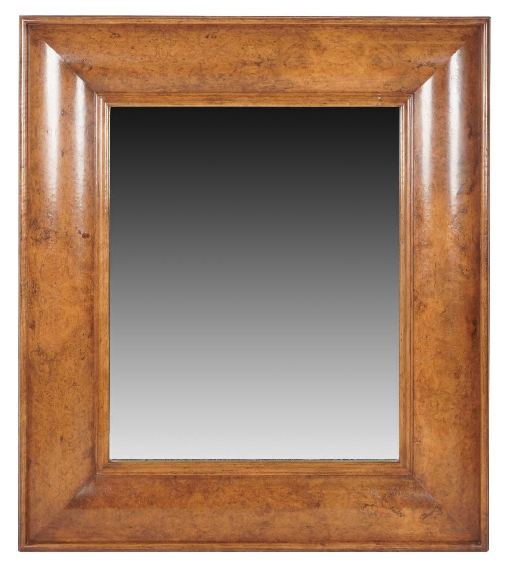 Appraisal: BURL WALNUT WALL MIRROR th century with beveled glass plate