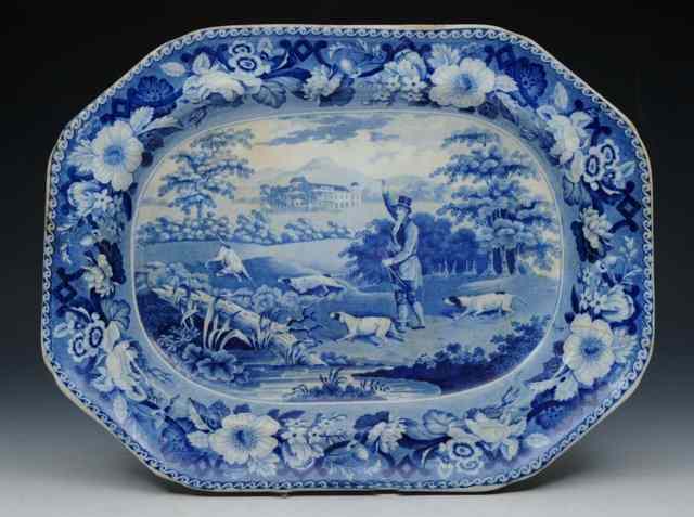 Appraisal: A BLUE TRANSFER OVAL MEAT DISH 'The Game Keeper' th