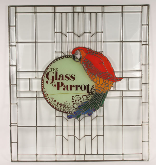 Appraisal: Leaded beveled glass window with stained glass parrot motif H