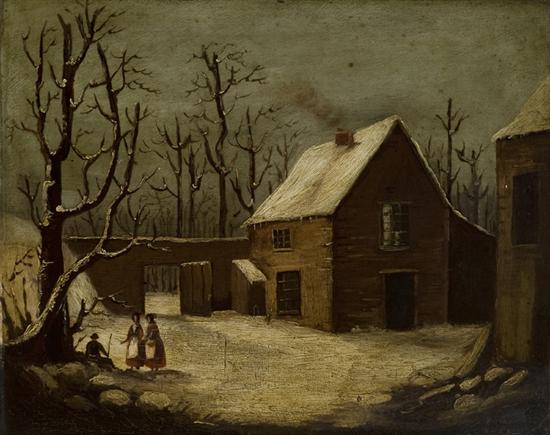 Appraisal: Winter landscape with figures and house Oil on board Unframed