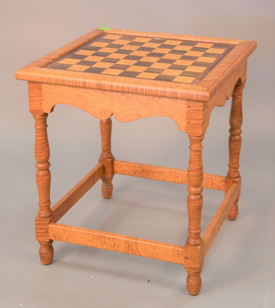 Appraisal: Custom tiger maple table having checkerboard inlaid top ht top