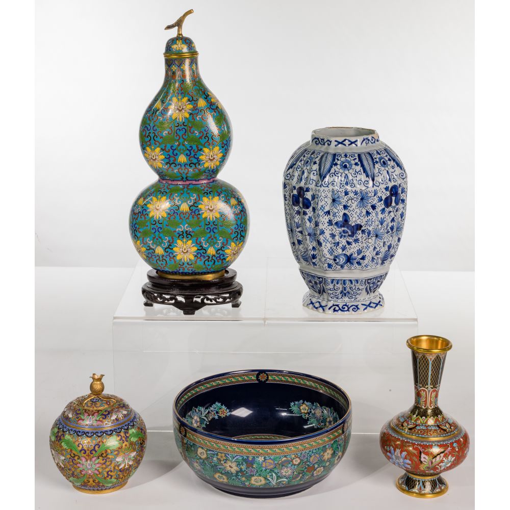 Appraisal: ASIAN DECORATIVE OBJECT ASSORTMENT th century items including cloisonne vase