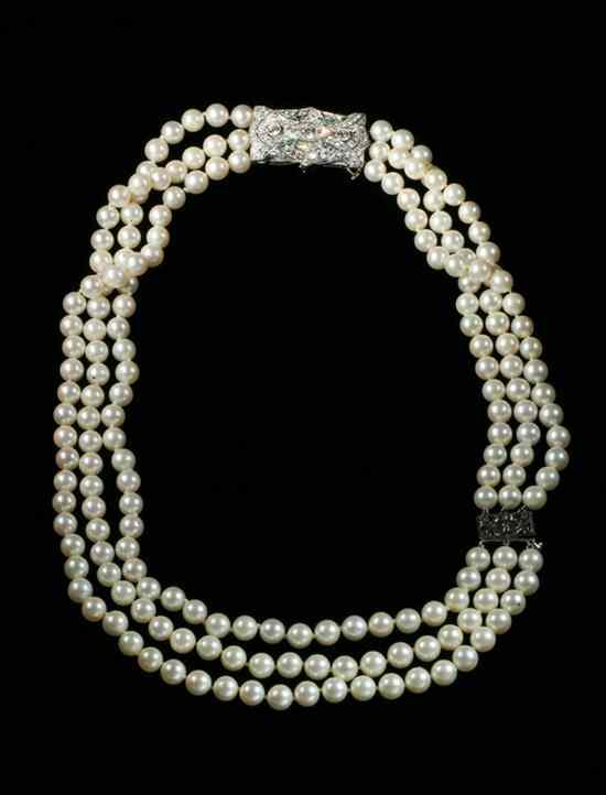 Appraisal: TRIPLE-STRAND CULTURED PEARL CHOKER WITH EDWARDIAN PLATINIUM AND DIAMOND CLASP