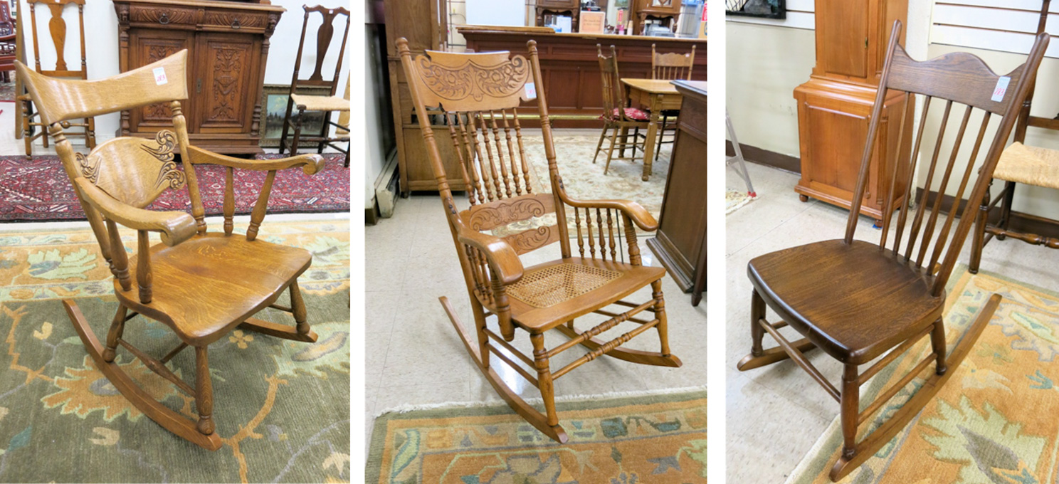 Appraisal: THREE ANTIQUE ROCKING CHAIRS American late th century including a