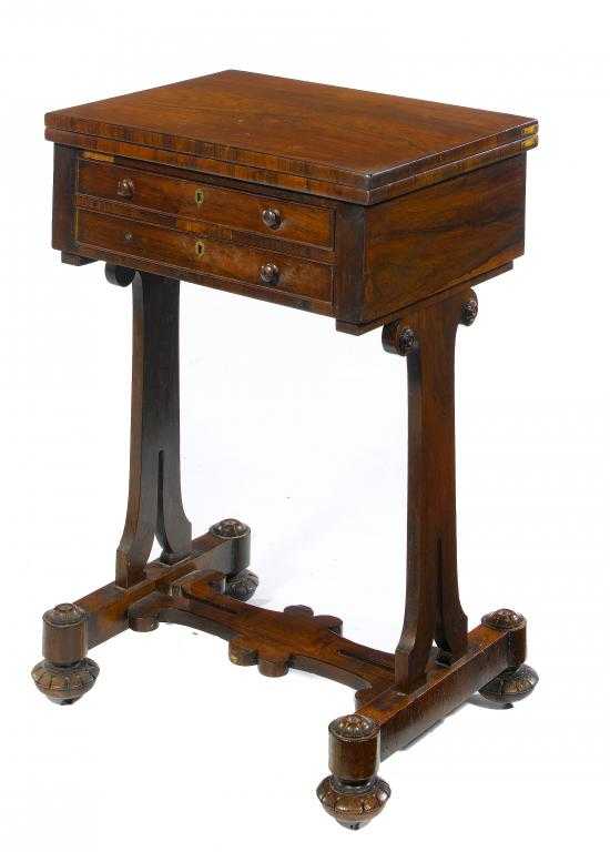 Appraisal: A WILLIAM IV ROSEWOOD WORK TABLE with foldover baize lined