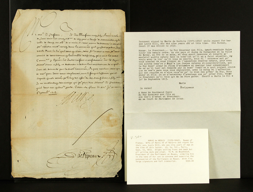 Appraisal: - Marie de Medici Signature Document signed by Marie de