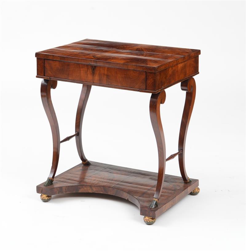 Appraisal: BIEDERMEIER MAHOGANY WORK TABLE The flame-patterned top above a drawer