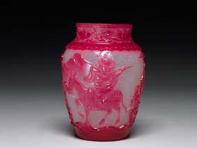 Appraisal: PINK OVERLAY GLASS VASE Very finely carved transparent pink overlay