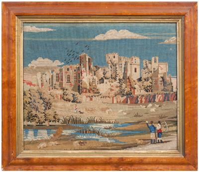 Appraisal: Pictorial needlework of ruins pastoral landscape figures and farm animals