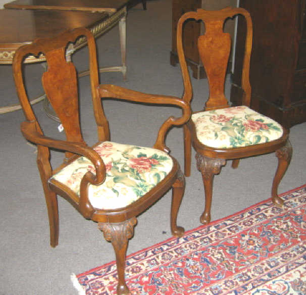 Appraisal: SIX ENGLISH QUEEN ANNE STYLE WALNUT DINING CHAIRS With rolling