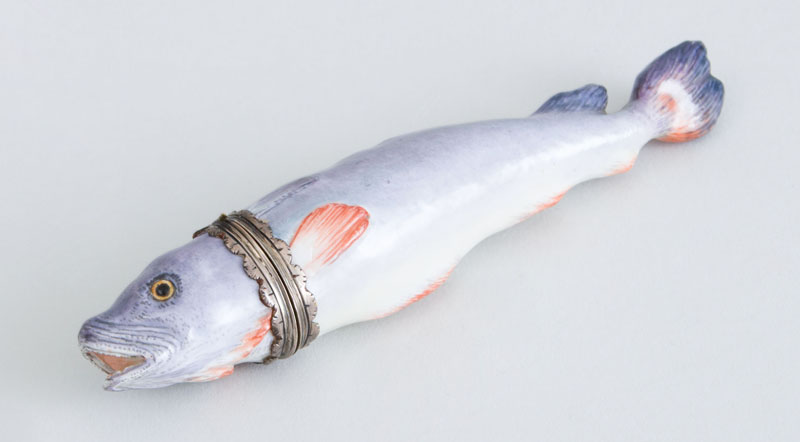 Appraisal: CONTINENTAL SILVER-MOUNTED PORCELAIN FISH-FORM ETUI CASE Unmarked probably Meissen the