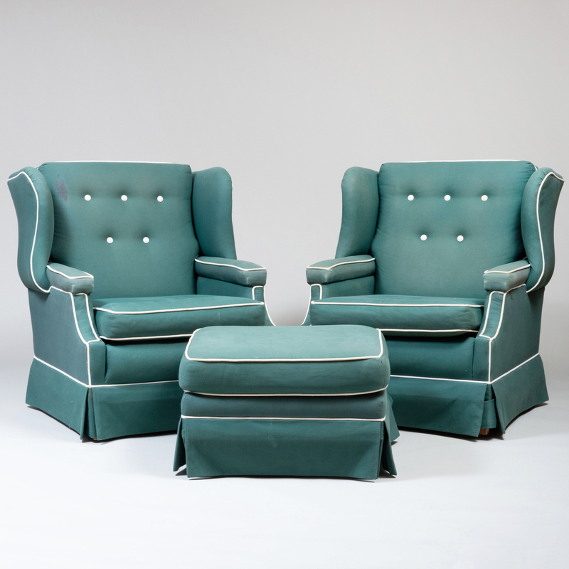 Appraisal: PAIR OF UPHOLSTERED WING CHAIRS WITH PIPING AND A MATCHING