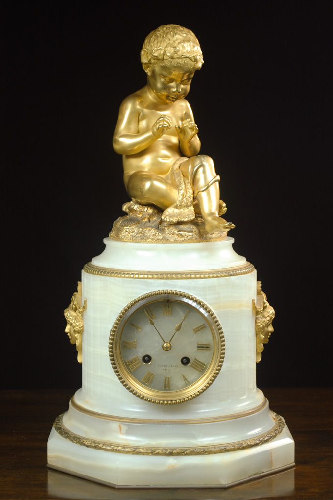 Appraisal: FRENCH MARBLE AND FIGURAL GILT-BRONZE PEDESTAL CLOCK Ferdinand Barbedienne French