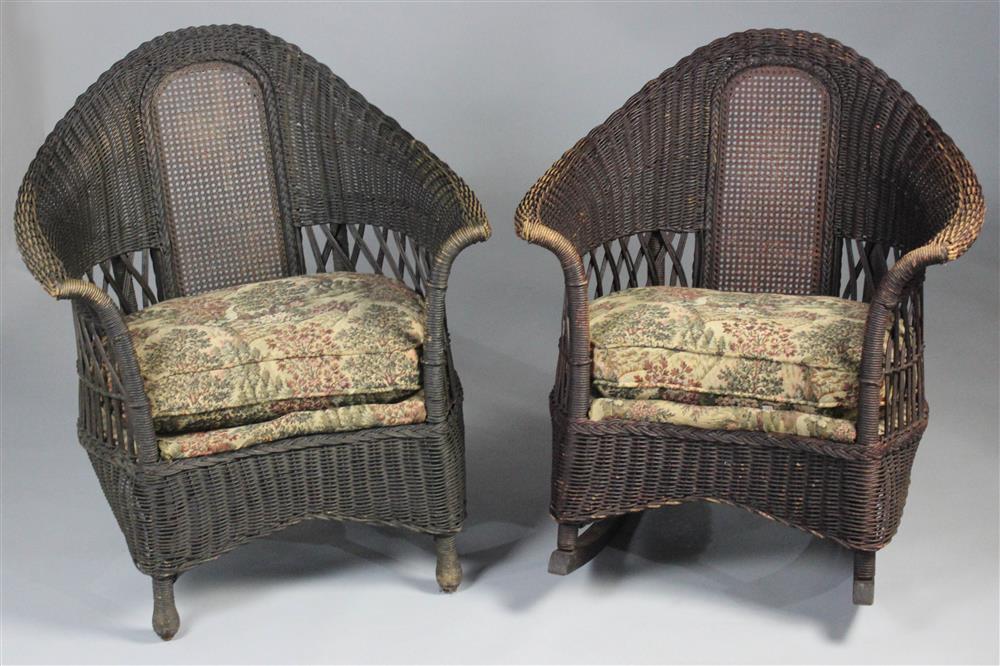 Appraisal: AMERICAN CHAIR CO MERIKORD WICKER ROCKER AND ARM CHAIR both