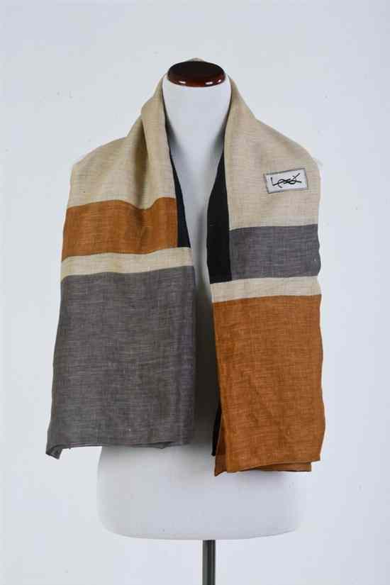 Appraisal: YVES SAINT LAURENT COLORBLOCK LOGO LINEN SCARF Beige charcoal black