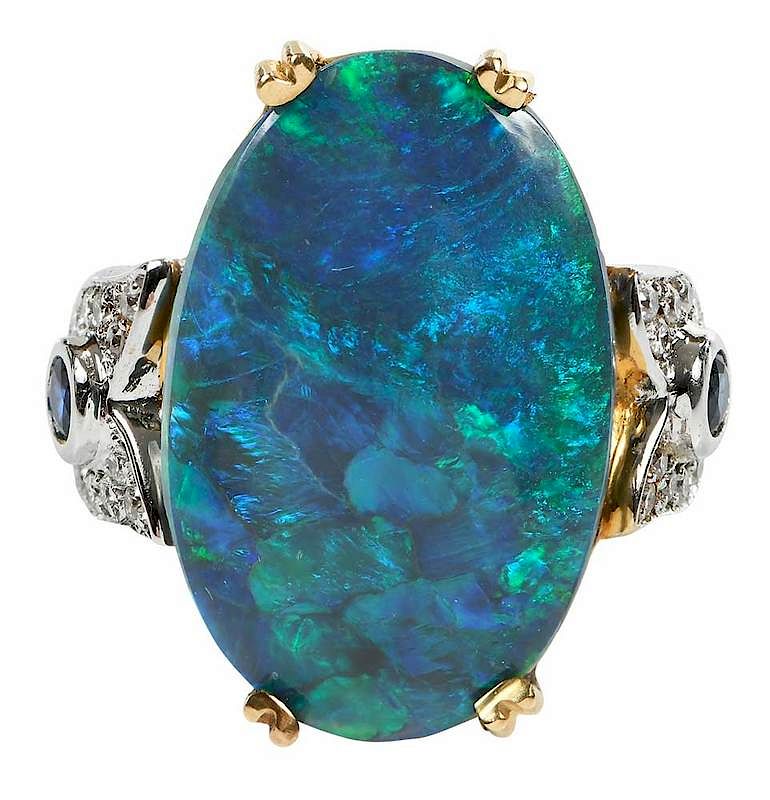 Appraisal: kt Opal Sapphire Diamond Ring oval black opal cabochon approx