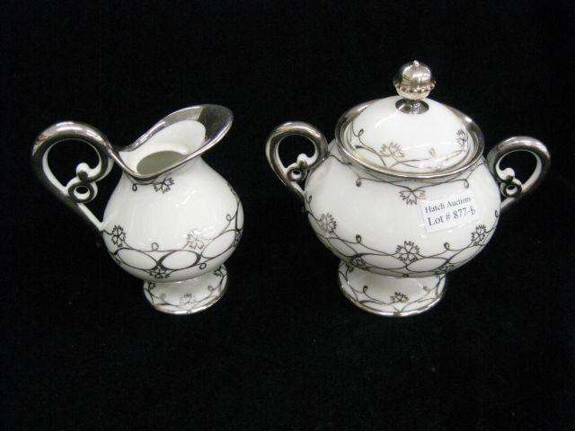 Appraisal: Limoges Sterling Silver Overlay Porcelain Creamer Sugar pedestal bases deco