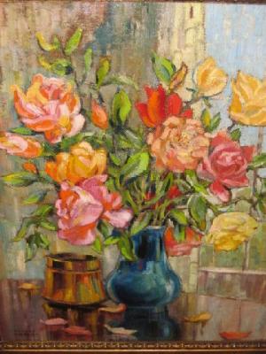 Appraisal: DONALD GREIG - Still Life with Roses in a Blue