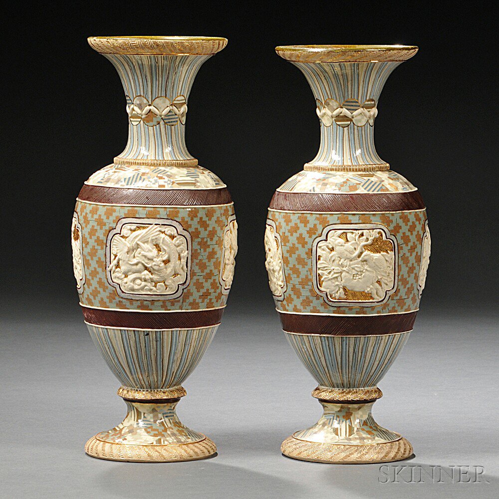 Appraisal: Two Similar Doulton Lambeth Marqueterie Ware Vases England late th