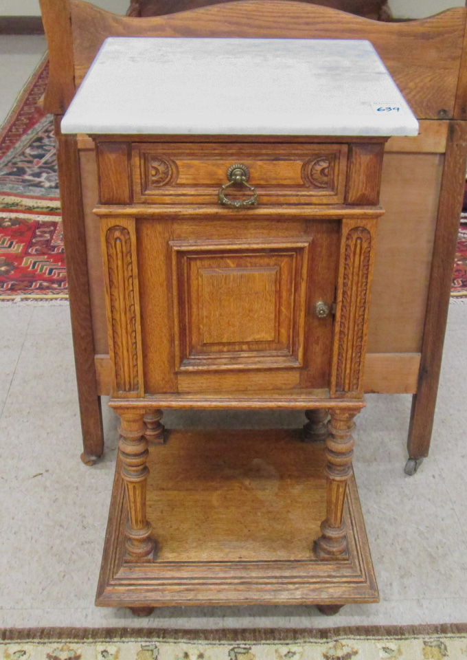 Appraisal: LOUIS XVI STYLE MARBLE-TOP OAK NIGHTSTAND French late th century