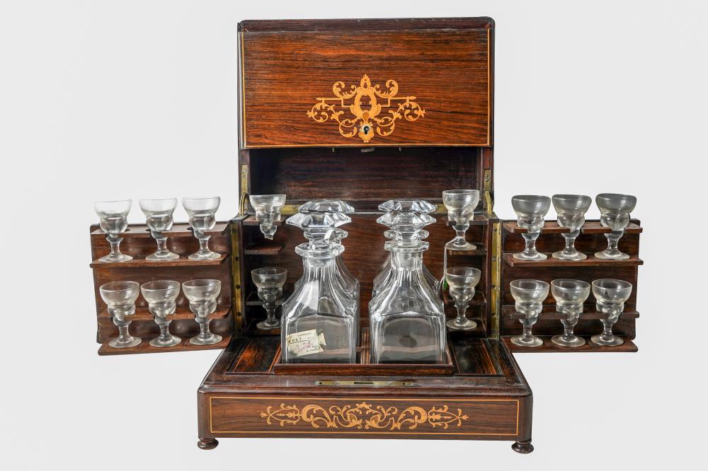 Appraisal: MARQUETRY-INLAID TANTALUS SETthe hinged lid front and side panels opening