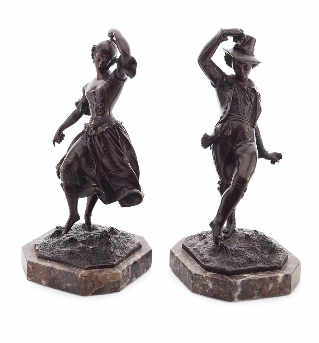 Appraisal: PAIR OF CONTINENTAL BRONZE FIGURES EARLY TH CENTURY brown patina