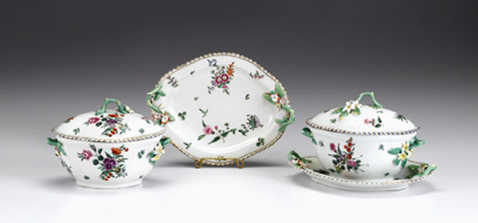 Appraisal: Pair of English porcelain covered sauce tureens underplates possibly derby