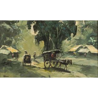 Appraisal: Kihoa Painting Framed oil on canvas Village Carts Kihoa Vietnamese